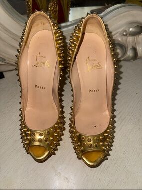 Christian Louboutin Metallic Gold Spiked Peep-Toe Pumps